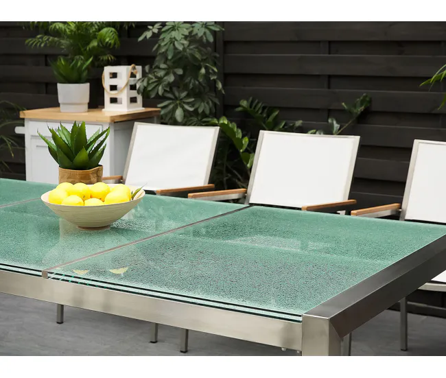 Plegable y Portátil Mesa de comedor de metal/vidrio templado transparente/plateado 220 x 100 cm GROSSETO