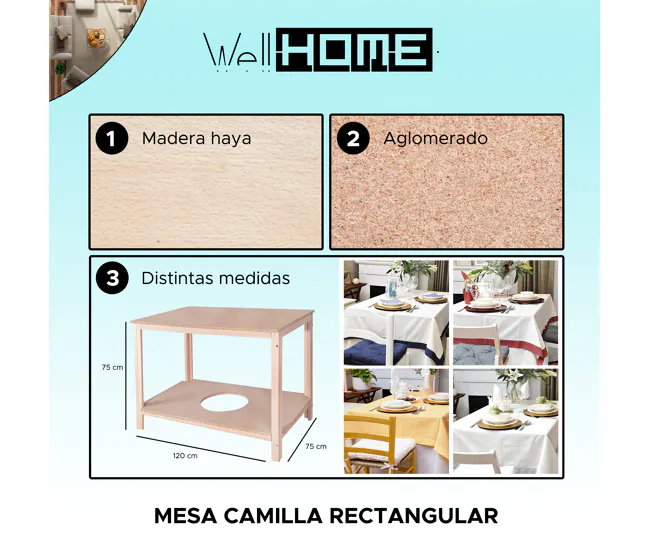 Mesa camilla fabricada en madera de haya, acabado SIN barniz, 120x75x75 cm