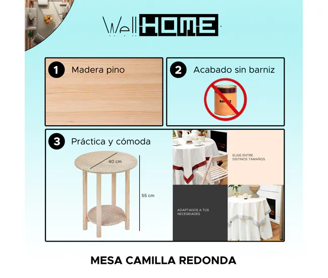 Mesa camilla gazte, acabado SIN barniz, 40x40x75 cm Fácil Almacenamiento