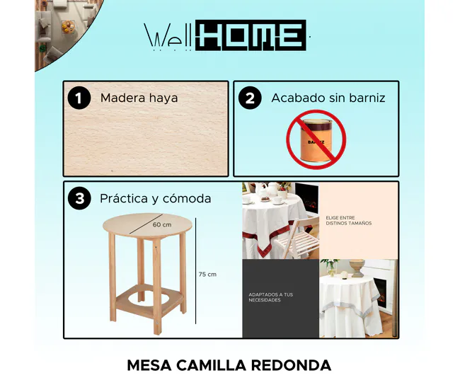 Mesa camilla redonda estructura de haya, acabado SIN barniz, 60x60x75 cm