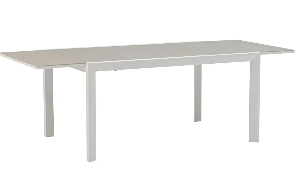Mesa extensible ORICK 100*150/225 cm aluminio blanco y cristal gris nítido con Vidrio Templado