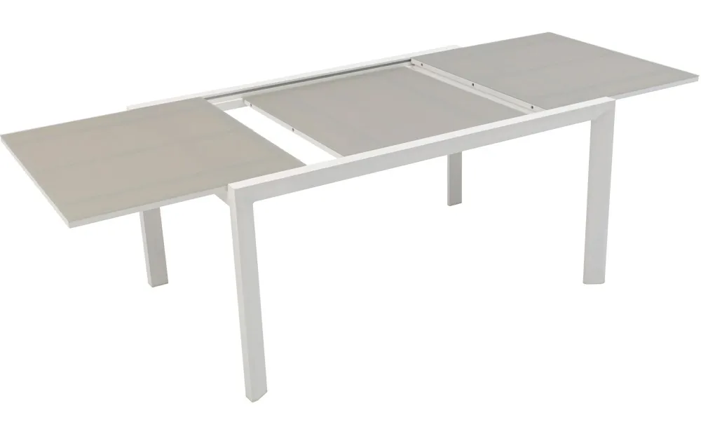 Mesa extensible ORICK 100*150/225 cm aluminio blanco y cristal gris nítido con Vidrio Templado