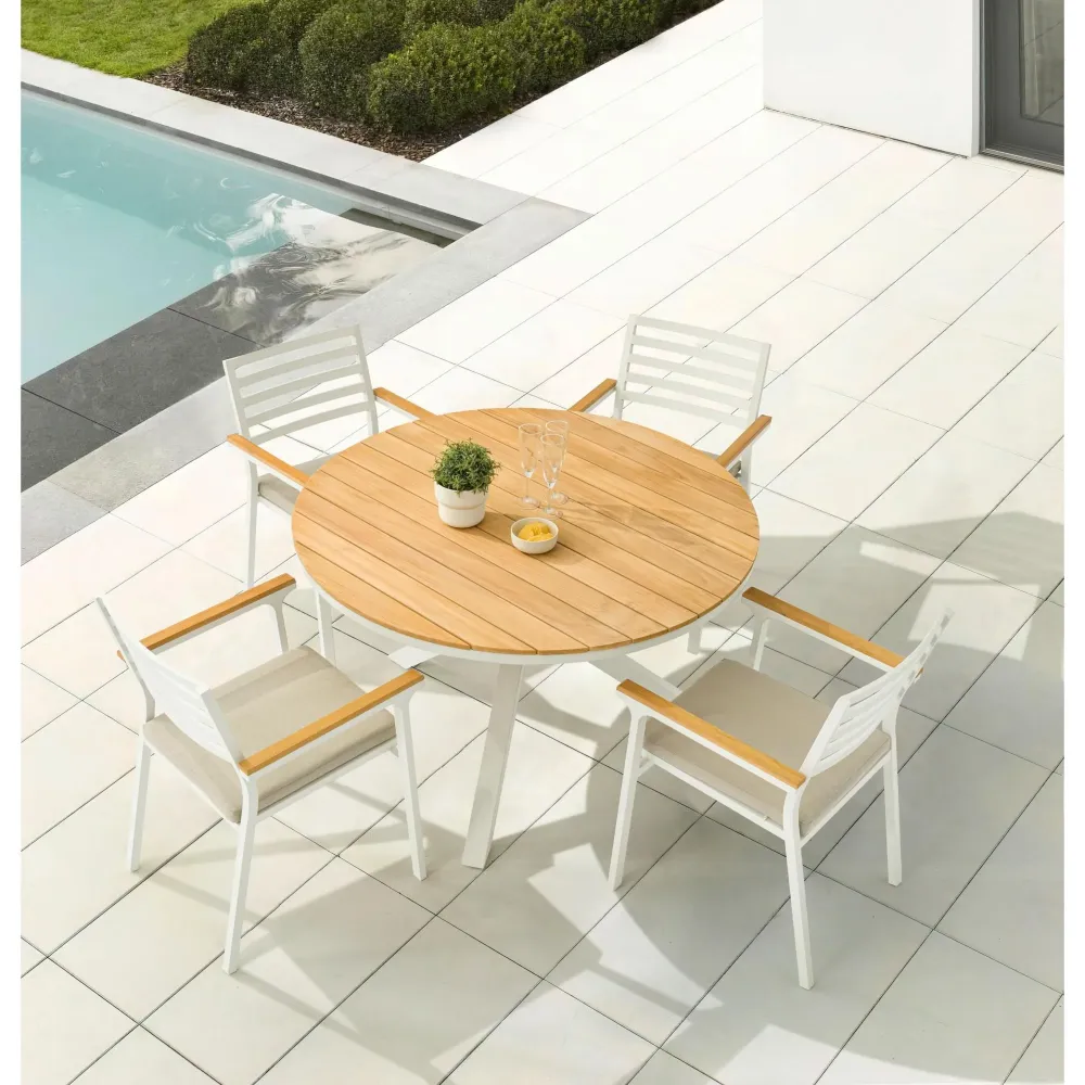 Mesa redonda Sidney aluminio blanco - teca Ø 120 cm Fácil Almacenamiento