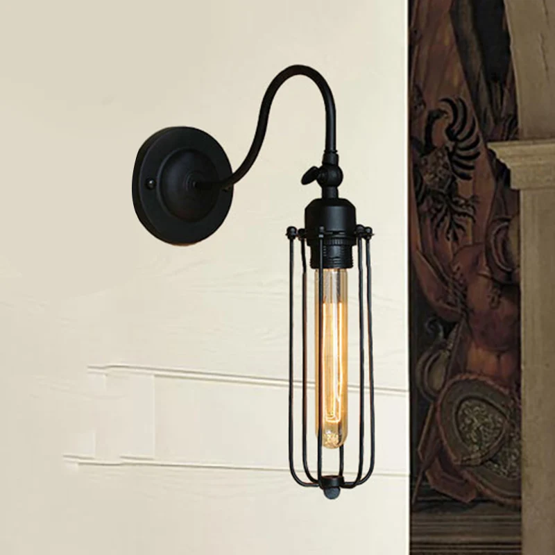 Lámpara de pared negra con forma de globo/jaula ovalada y brazo de cuello de cisne, minilámpara de pared metálica de estil...