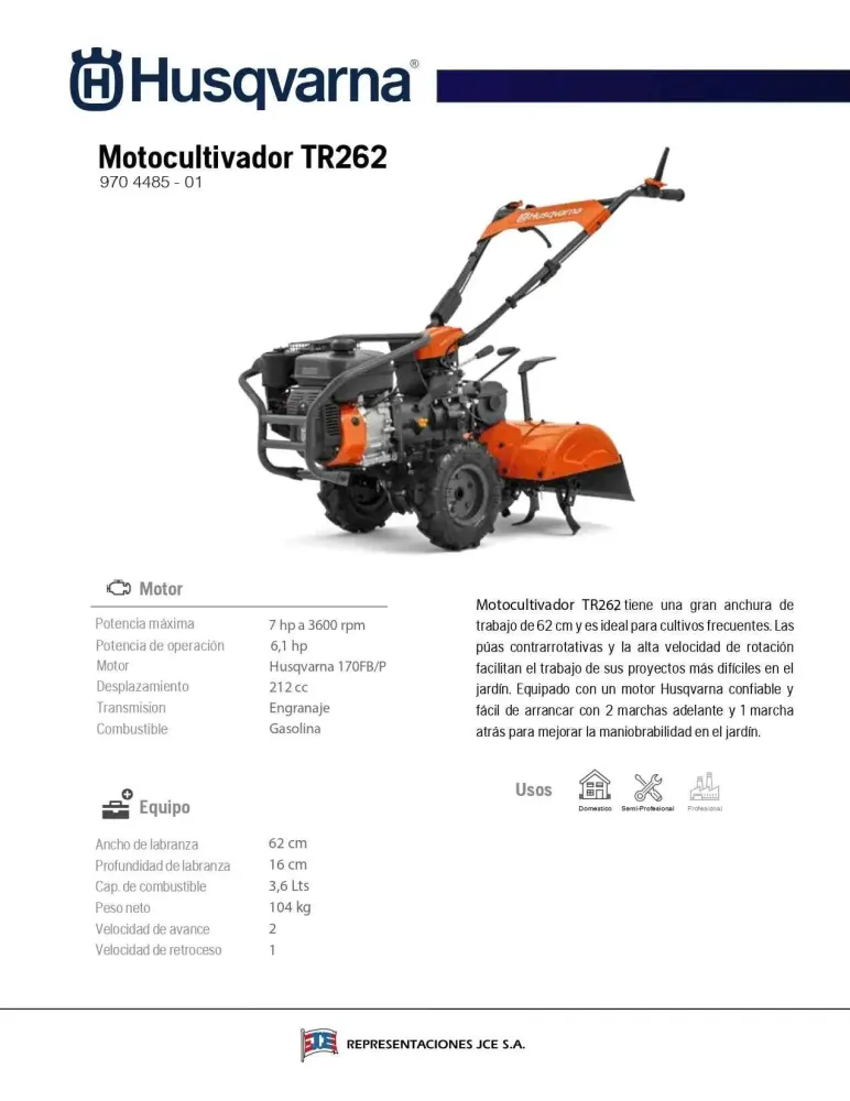 Motocultor de Jardín Motocultivador Husqvarna TR262