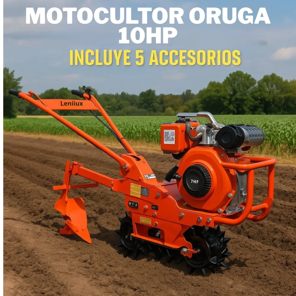Robusto para Terreno Difícil Motocultor Oruga Petrolero 10hp (5 accesorios Regalo) arador,trender, sembradora,surcador,ara...