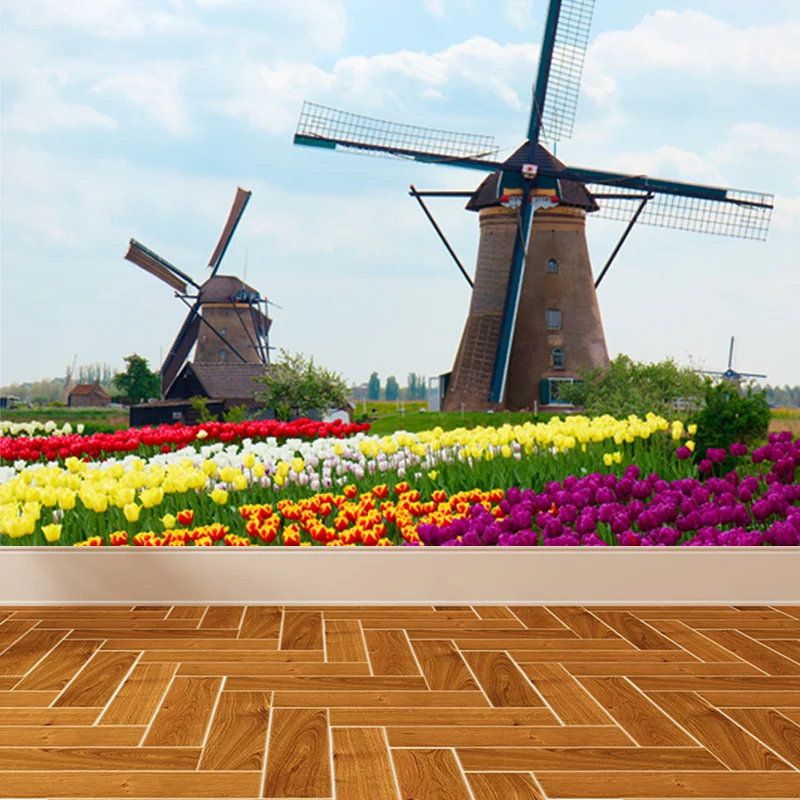 Grote statische windmolen muurschildering behang vanguardista landschap wanddecoratie lichte kleur