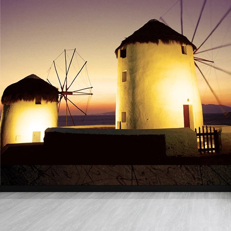 Grote statische windmolen muurschildering behang vanguardista landschap wanddecoratie lichte kleur