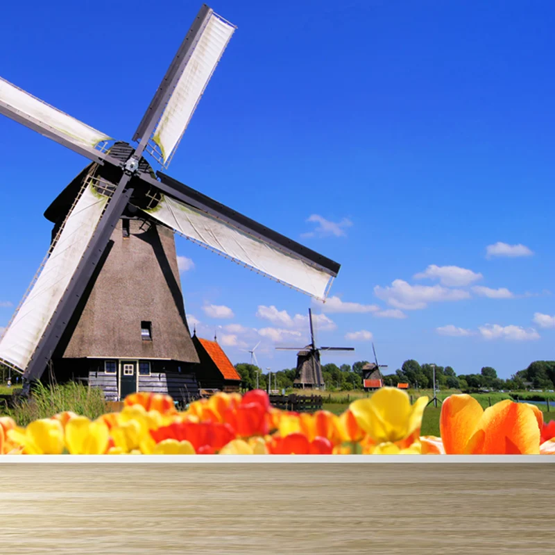 Grote statische windmolen muurschildering behang vanguardista landschap wanddecoratie lichte kleur