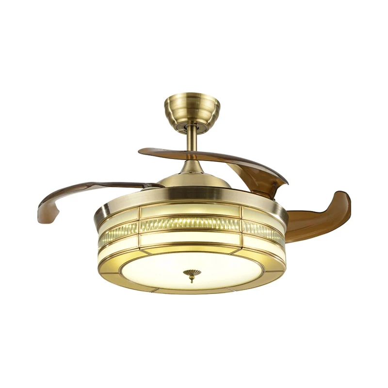 Iluminación de ventilador de techo de acero LED Estilo vintage Sala de estar circular dorada Montaje semi empotrado, contr...