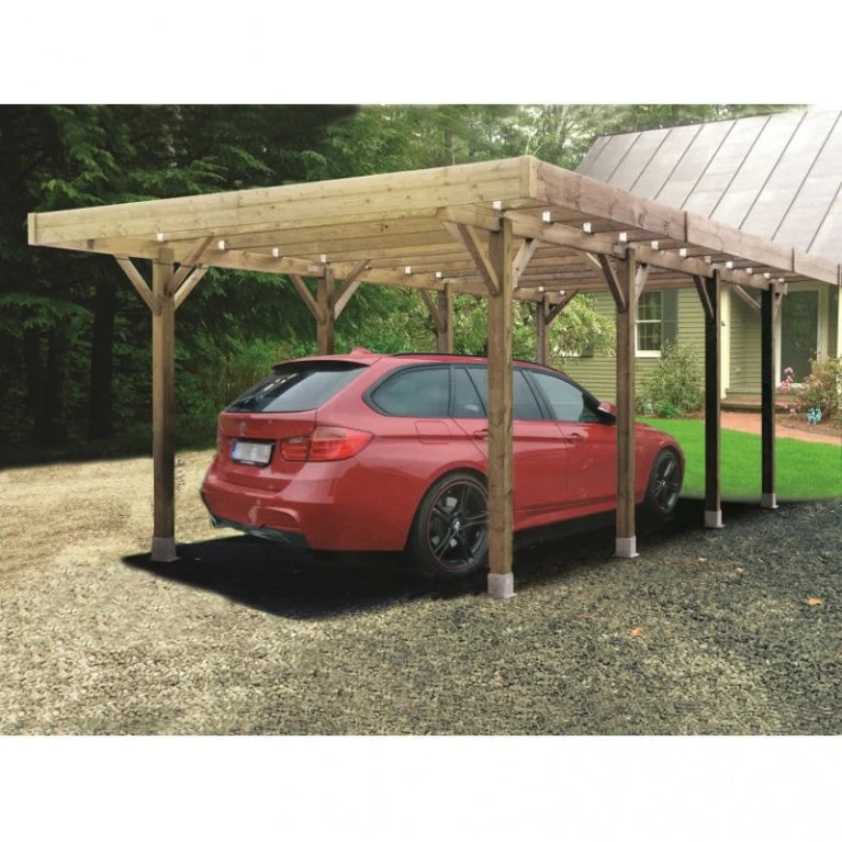 Carport en bois 4 x 5 m – Sapin du Nord traité – Toit plat – Résistant et longevo
