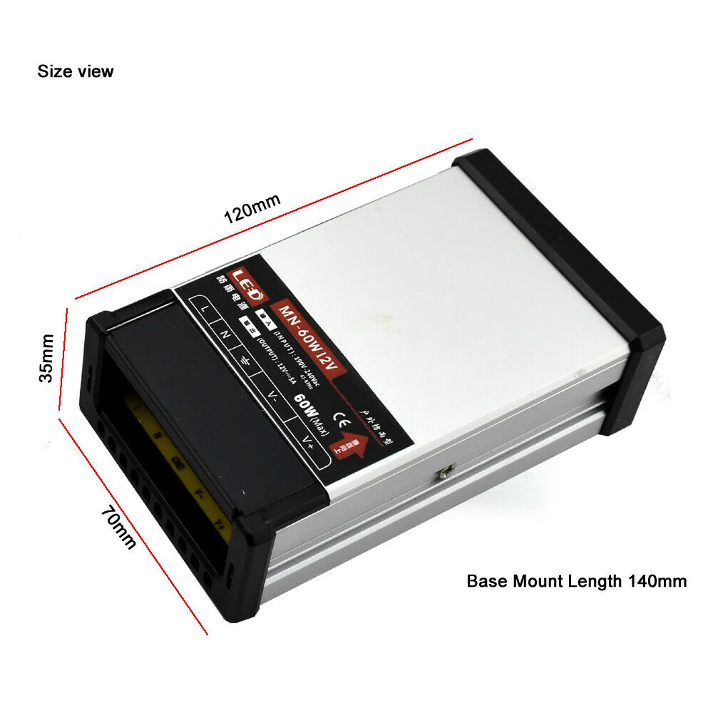 Fuente de alimentación LED DC 12 V 60 W prueba de lluvia, transformador para exteriores ~2109