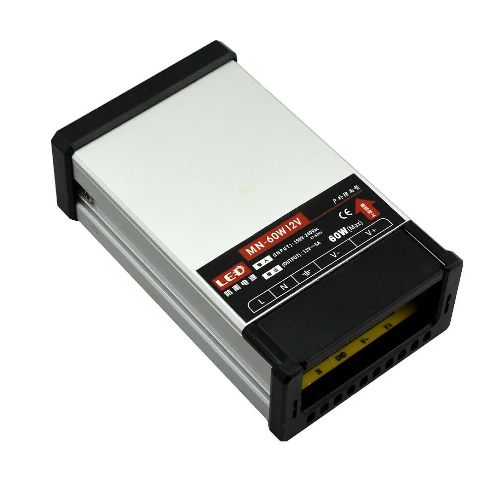 Fuente de alimentación LED DC 12 V 60 W prueba de lluvia, transformador para exteriores ~2109