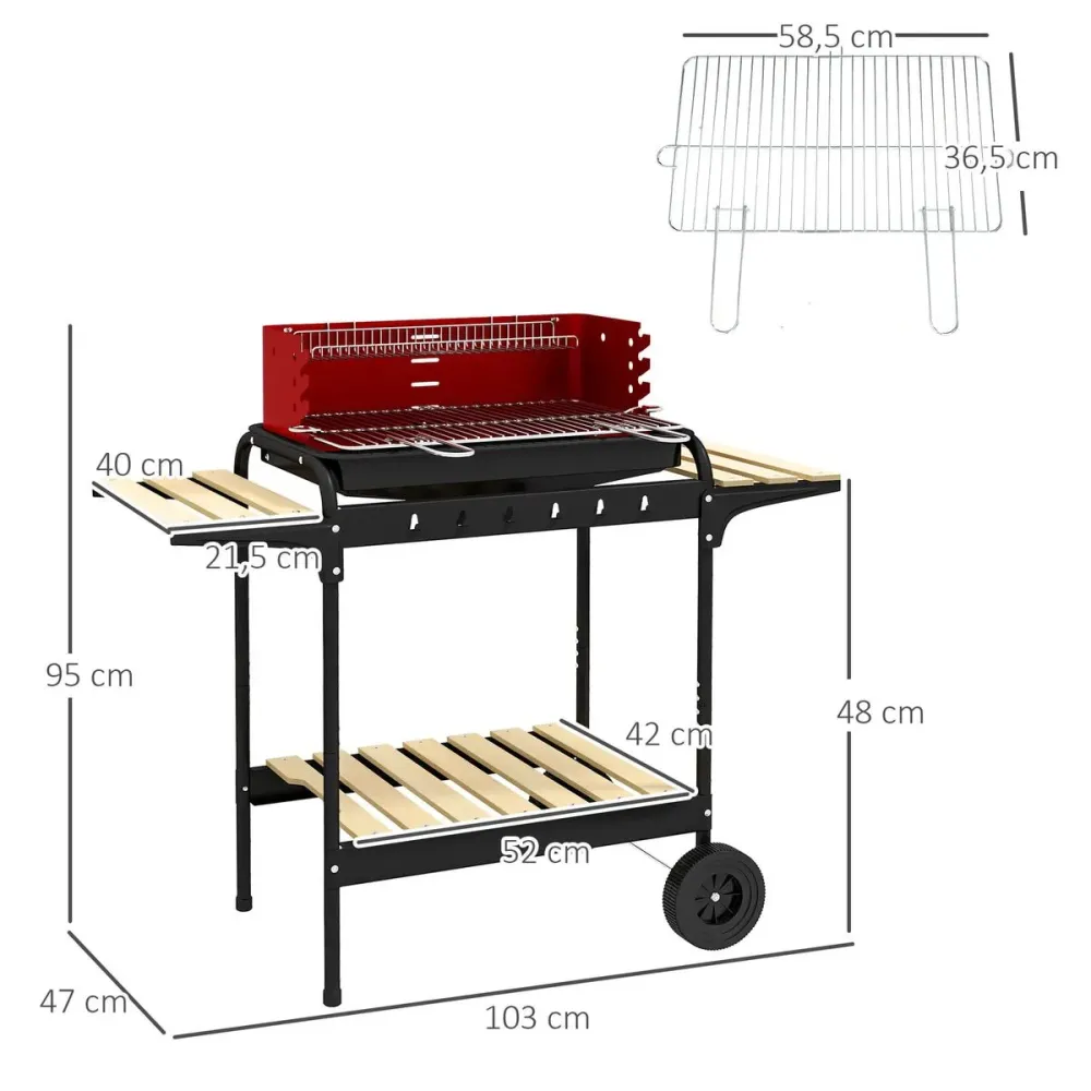 Cubierta Protectora de Barbacoa de carbón Marga Outsunny plegable + parrilla ajustable + estantes rojo/negro 95x103x47 cm