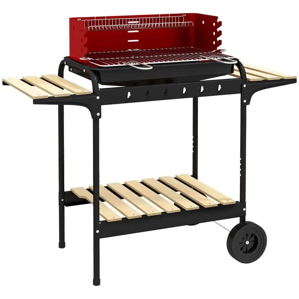Espátula Ancha de Barbacoa de carbón Marga Outsunny plegable + parrilla ajustable + estantes rojo/negro 95x103x47 cm