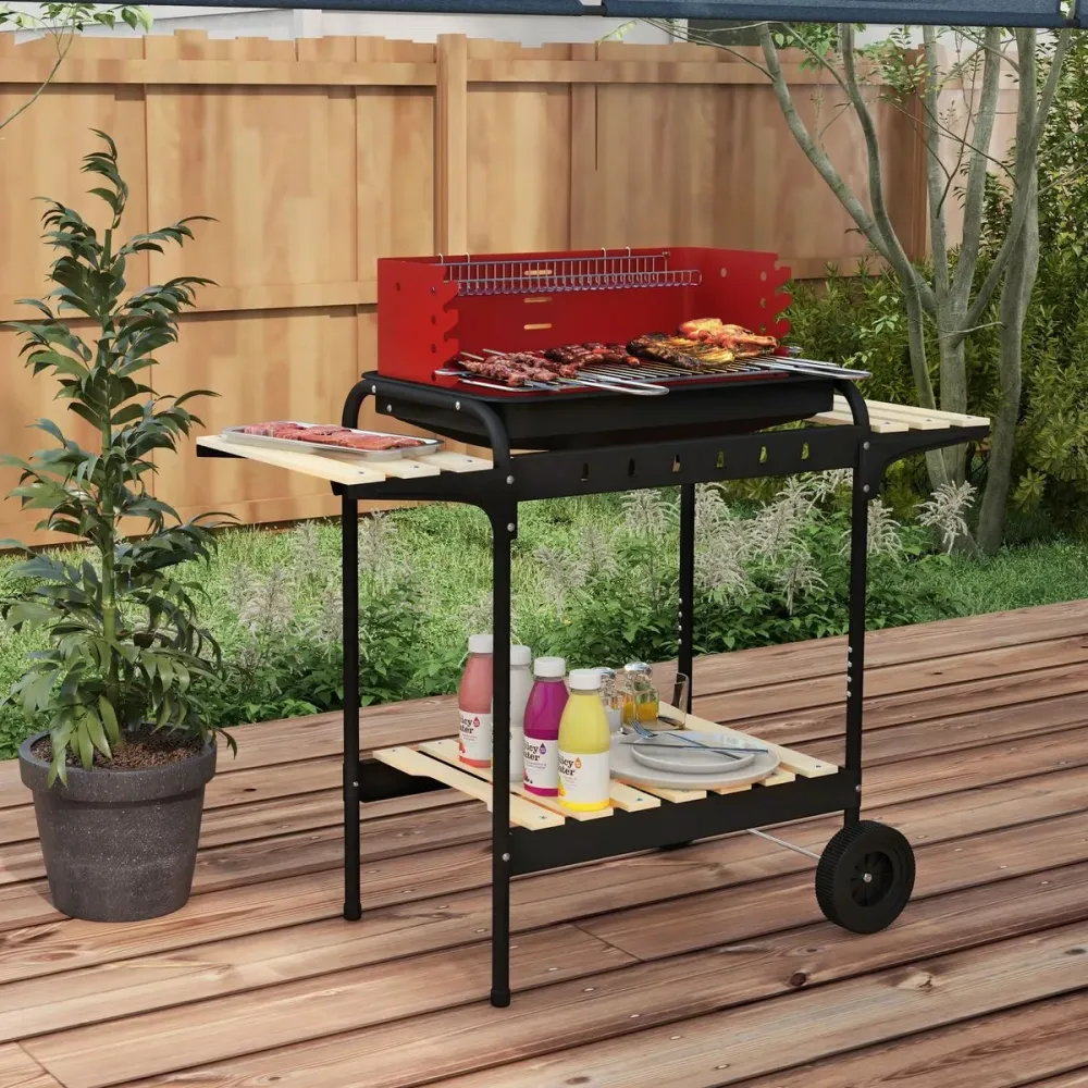 Espátula Ancha de Barbacoa de carbón Marga Outsunny plegable + parrilla ajustable + estantes rojo/negro 95x103x47 cm
