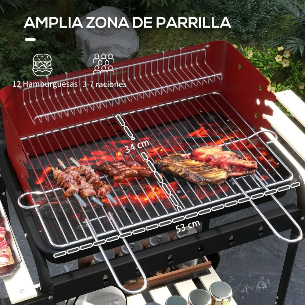Espátula Ancha de Barbacoa de carbón Marga Outsunny plegable + parrilla ajustable + estantes rojo/negro 95x103x47 cm