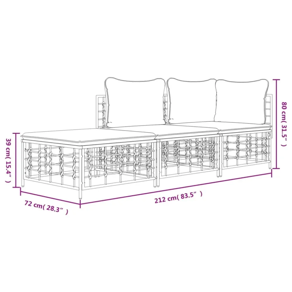 Conjunto de jardín Creta 3 piezas con cojines 80x212x72 cm
