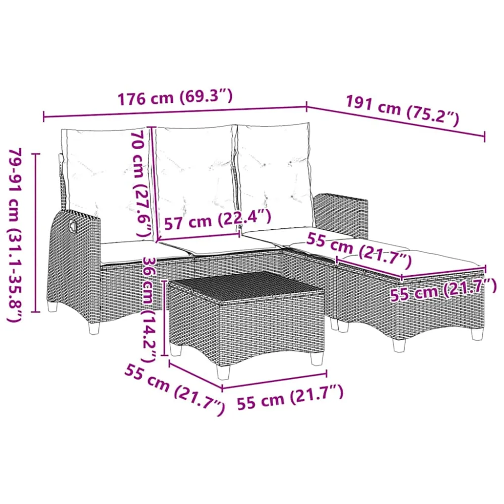 Conjunto de jardín Urki 3 plazas con cojines + reposapiés/mesa 83-91x176x138-125 cm