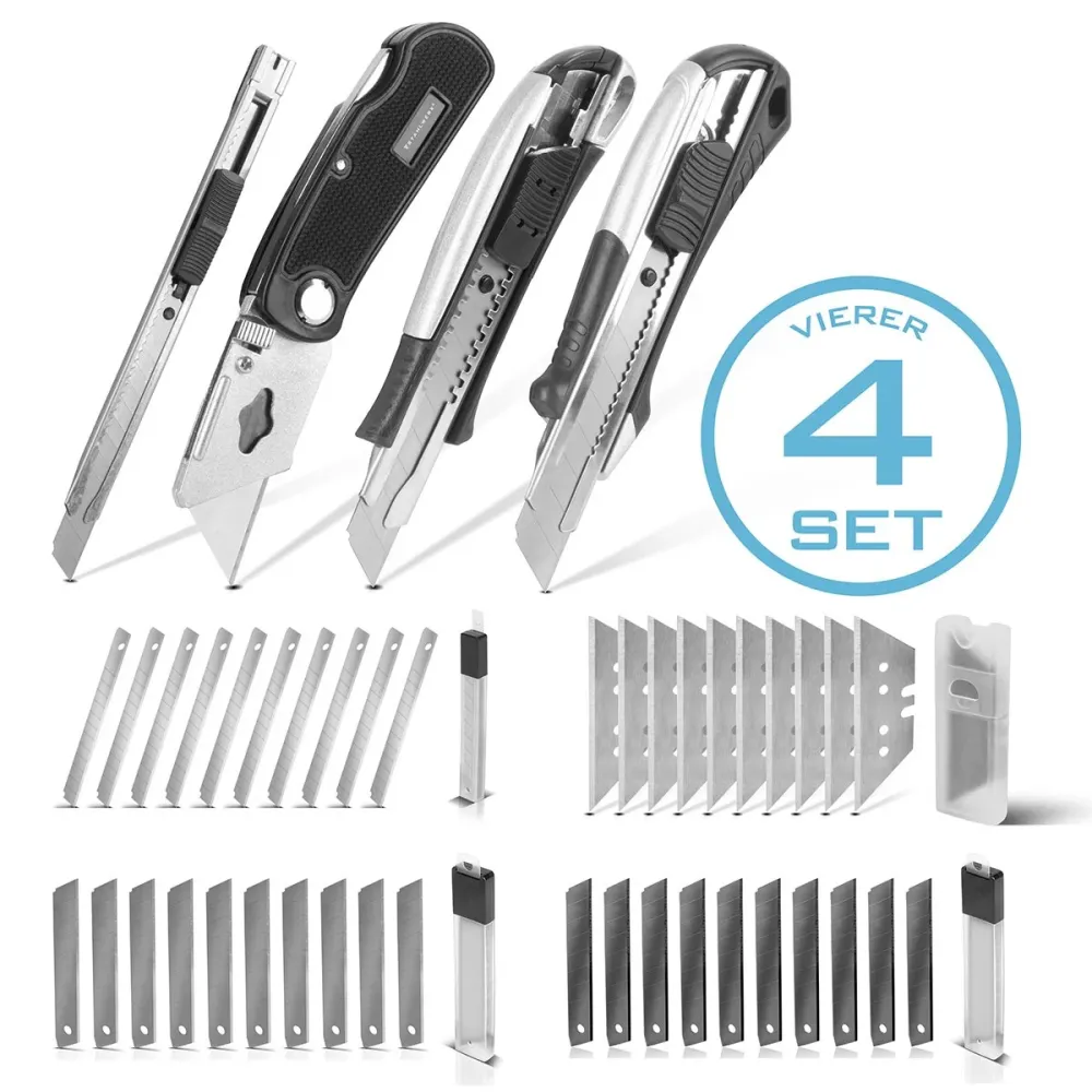 Cutor de acero de acero 4 -Set con cuchillas de reemplazo Profi Cutter | Cuchillo de alfombra | Cuchillo de seguridad | Pa...