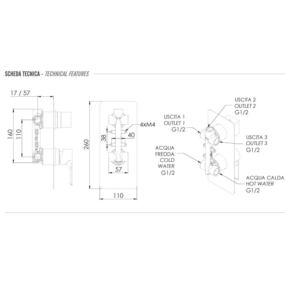 Miscelatore Monocomando doccia con Deviatore 3 Vie absoluto di corpo incasso e piastra lusso rettangolare collezione Energ...