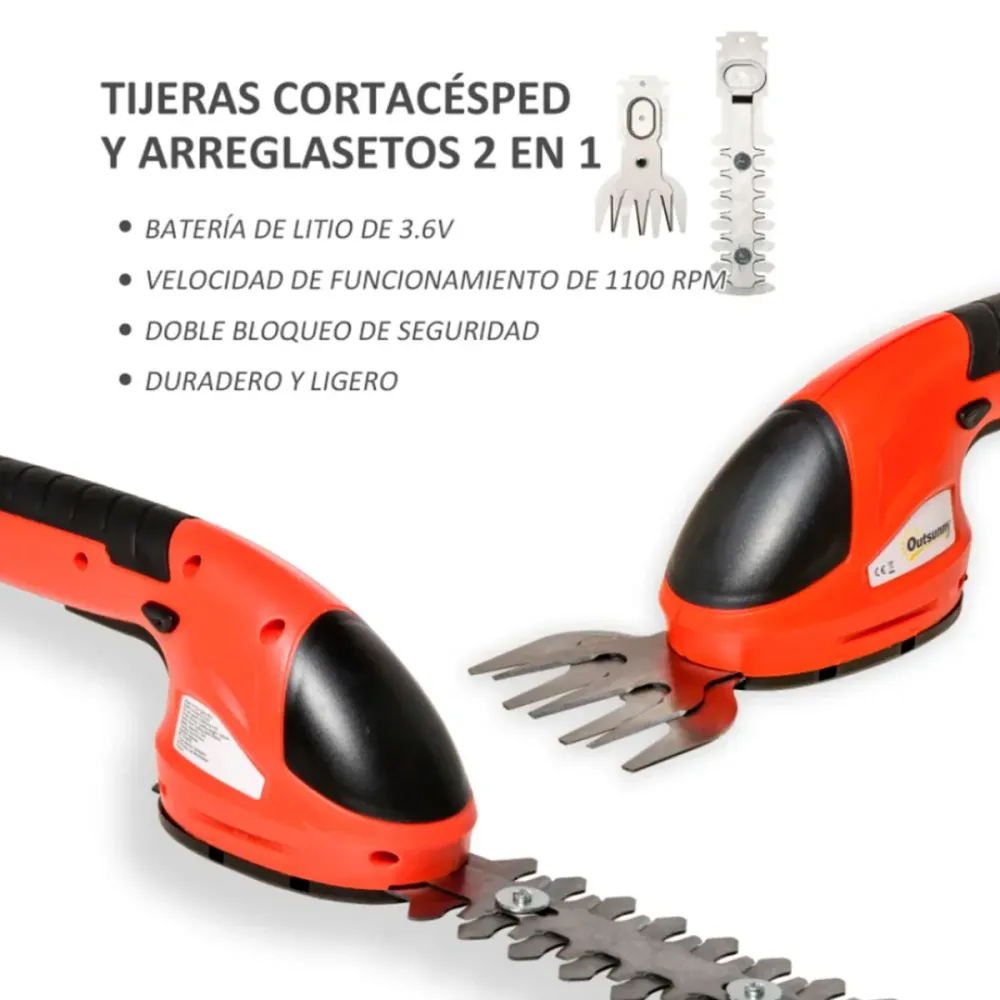 Cable de Extensión Tijeras Outsunny 2 en 1 cortacésped + arreglasetos 1100 rpm 3,6V 2 cuchillas negro/rojo 9,5x6x37 cm