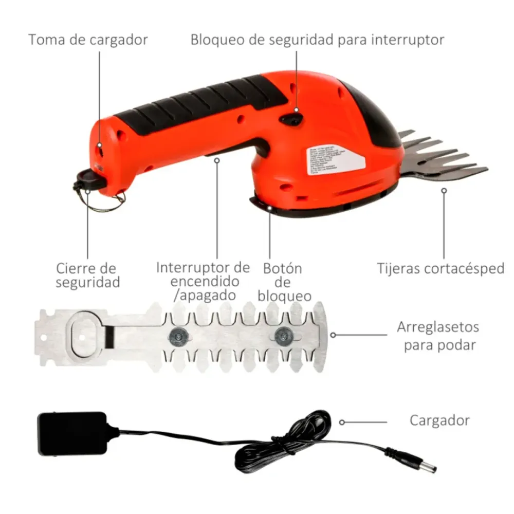 Cable de Extensión Tijeras Outsunny 2 en 1 cortacésped + arreglasetos 1100 rpm 3,6V 2 cuchillas negro/rojo 9,5x6x37 cm