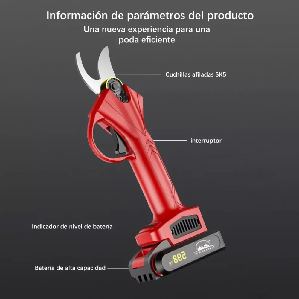 Mango Ergómico Tijeras de Podar Eléctricas con dos Baterías Recargables y Accesorios