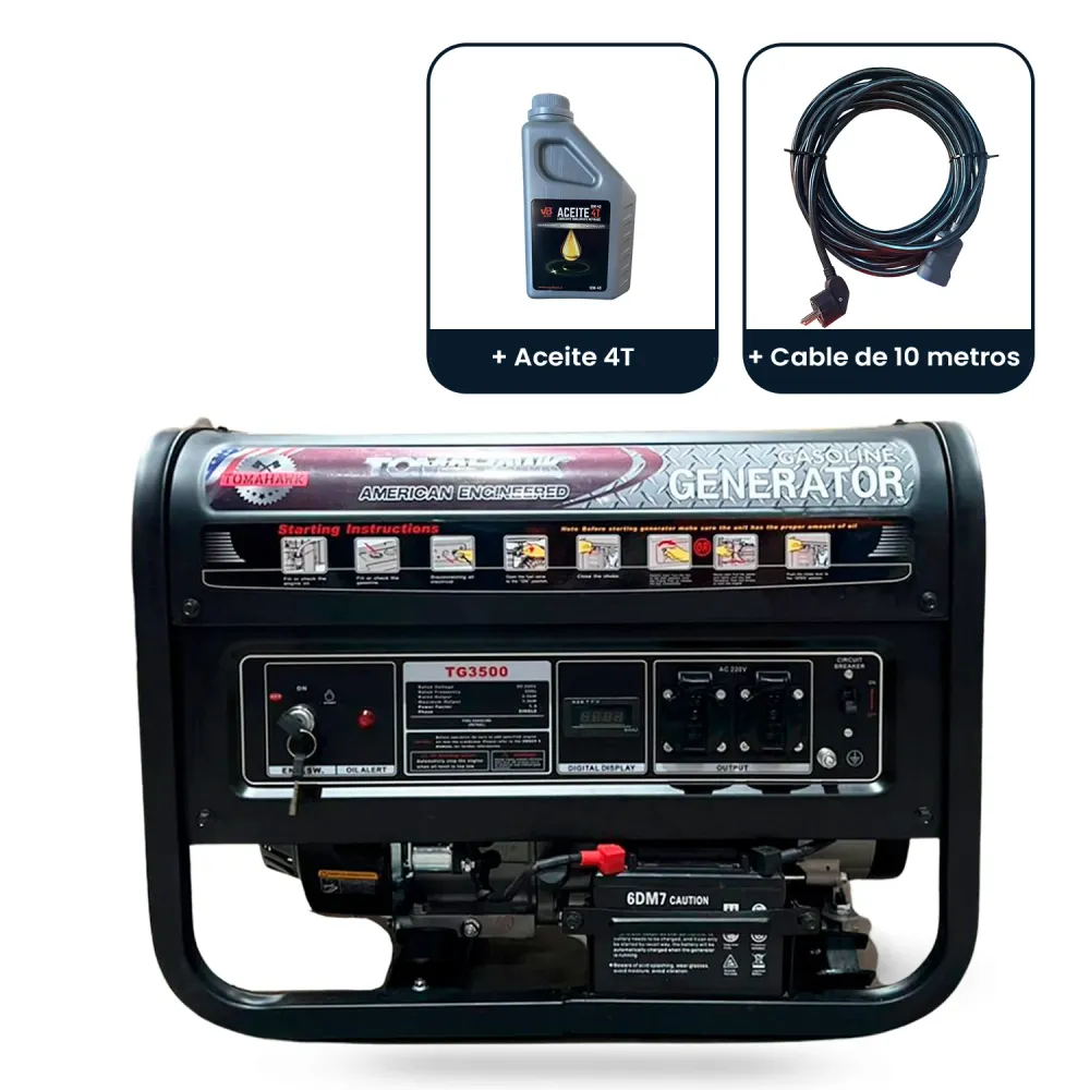 Pack Generador 3.5Kva 16 Amperes de estructura militar y partida electrica con AVR Modelo TG3500E Tomahawk Power + Aceite...
