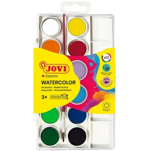 Sustrato Universal Jovi Pack de 12 Acuarelas en Pastilla + Pincel - Brillantes - Facilmente Mezclables - Colores Surtid