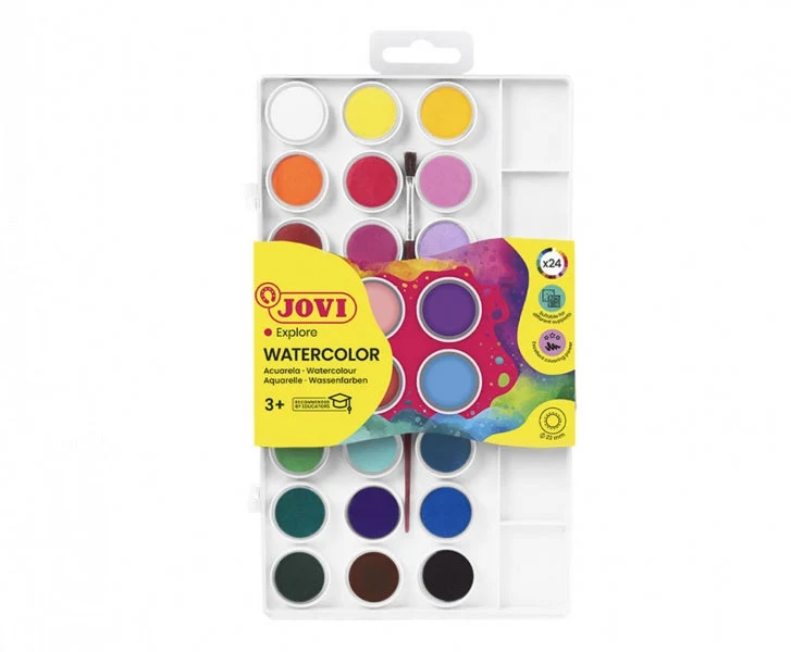 Turba Rubia Jovi Pack de 24 Acuarelas en Pastilla + Pincel - Brillantes - Facilmente Mezclables - Colores Surtid