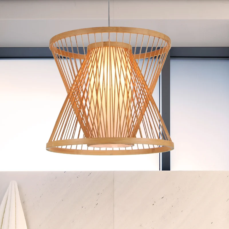 Lámpara colgante de bambú para restaurante, lámpara colgante asiática individual con pantalla de papel en el interior con...