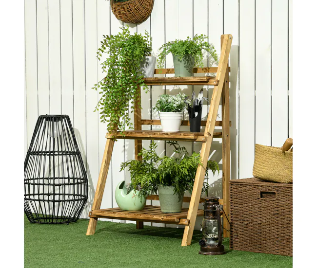 Outsunny Soporte para Plantas de Madera de 3 Niveles Estanterí para Plantas Plegable Soporte para Macetas para Interior y...
