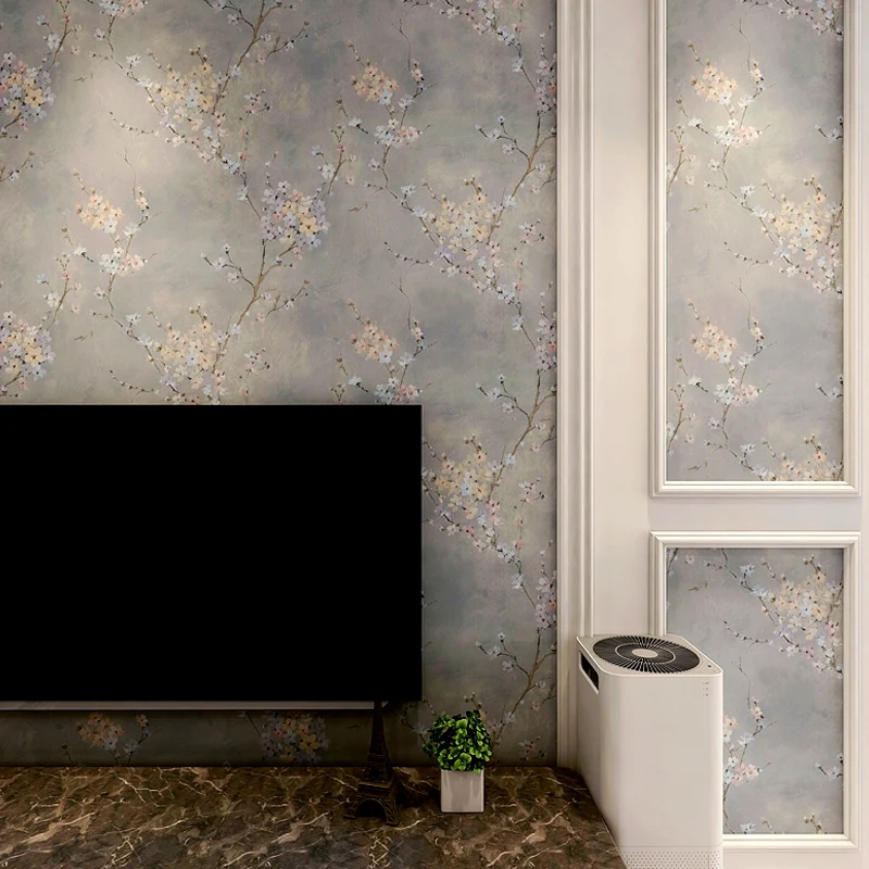 Rollo de papel pintado con flores de ciruelo, decoración de pared rústica con purpurina en color evidente, no tejido con S...