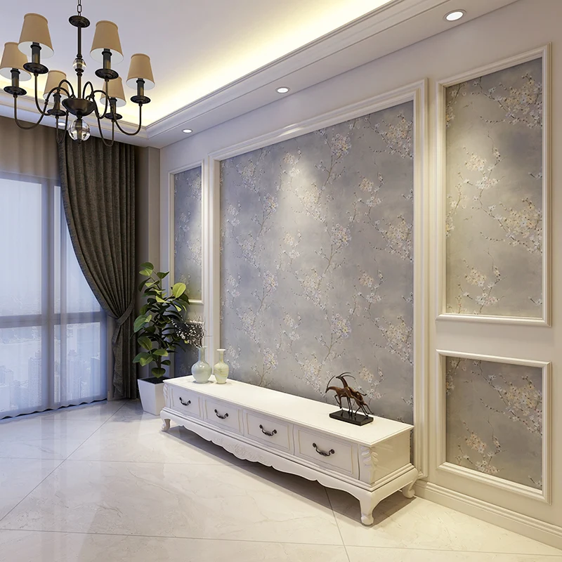Rollo de papel pintado con flores de ciruelo, decoración de pared rústica con purpurina en color evidente, no tejido con S...