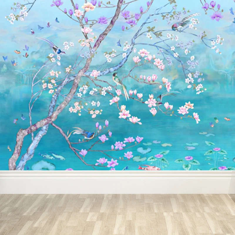 Lentebloesem Lotus vijver muurschildering hedendaagse waterdichte slaapkamer wandbekleding, op maat gemaakt con Kit de Man...