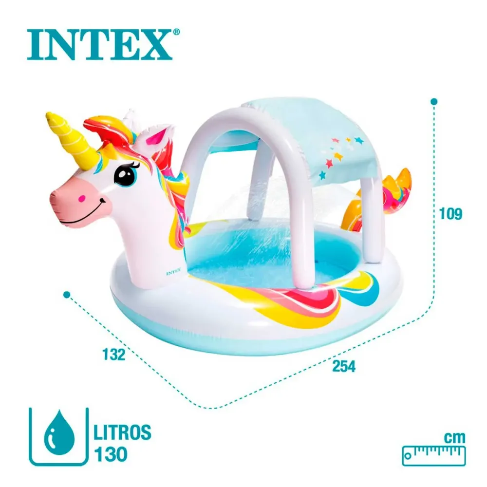Piscina hinchable Intex unicornio con techo desmontable y rociador 130L +2A arcoíris 109x132x254 cm