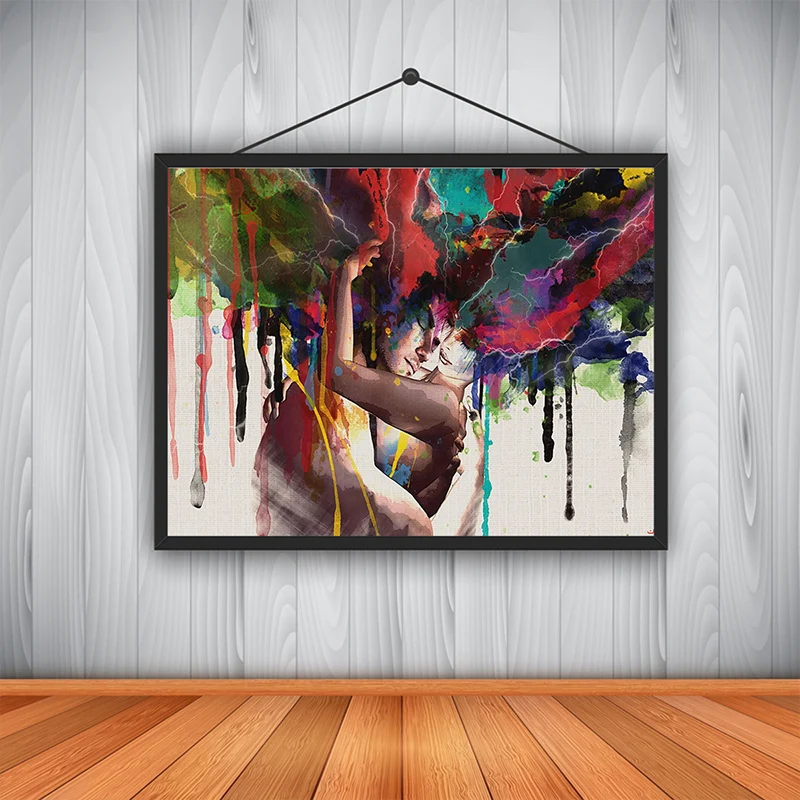 Abrazo de los amantes pintando arte de pared de acuarela exótica moderna en rojo y marrón | Prueba de Agua | Rojo