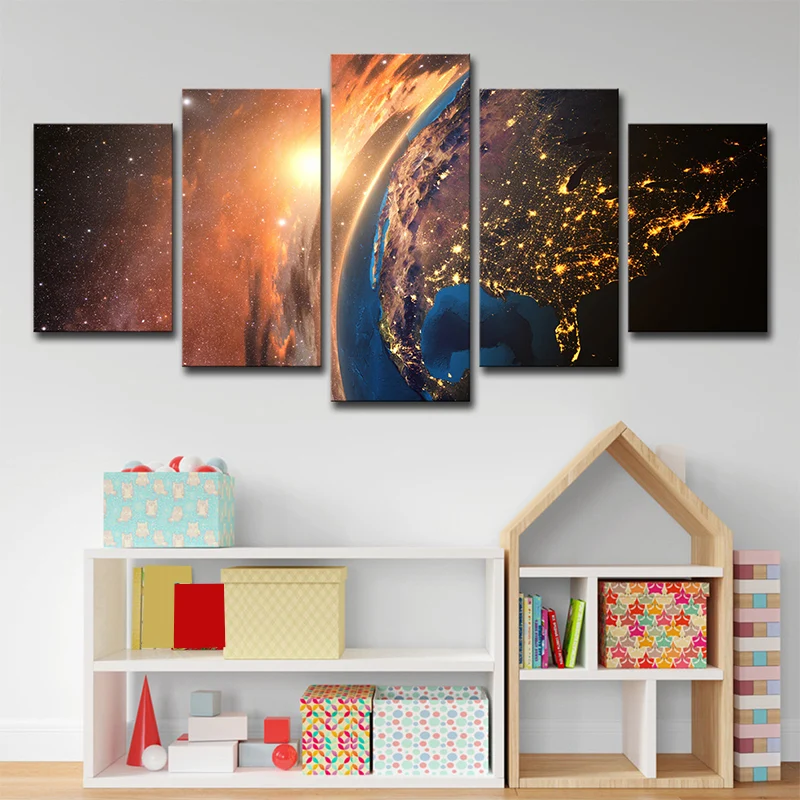 Cosmos Sparkling Galaxy Wall Art Ciencia ficción Lienzo impreso decoración de pared en naranja con Mensaje de Bienvenida N...