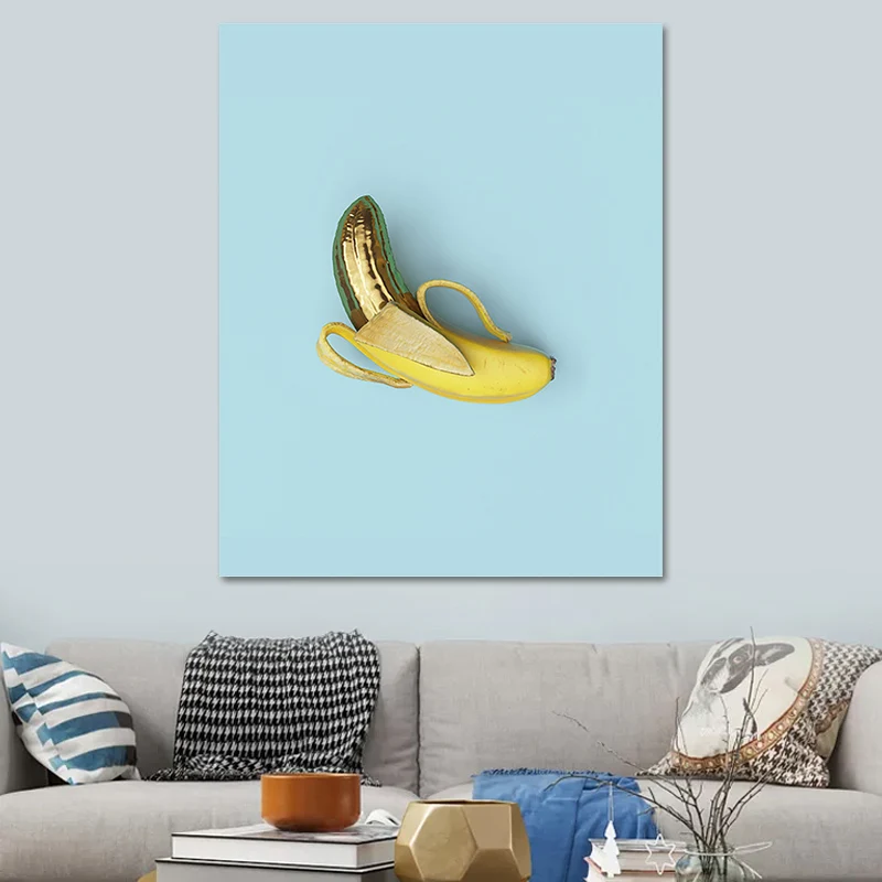 Decoración de pared de plátano rasgado, lienzo minimalista, impresión artística de pared en amarillo sobre azul para habit...
