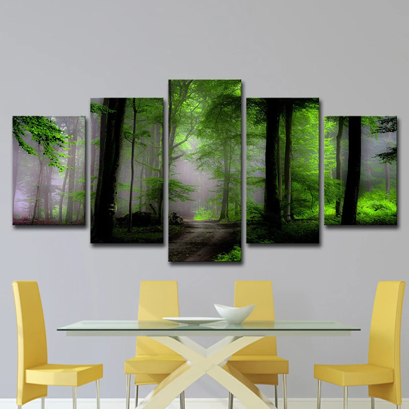 Decoración Premium para Exterior Arte de pared con vista al bosque del amanecer, impresión en lienzo de paisaje sin aditiv...