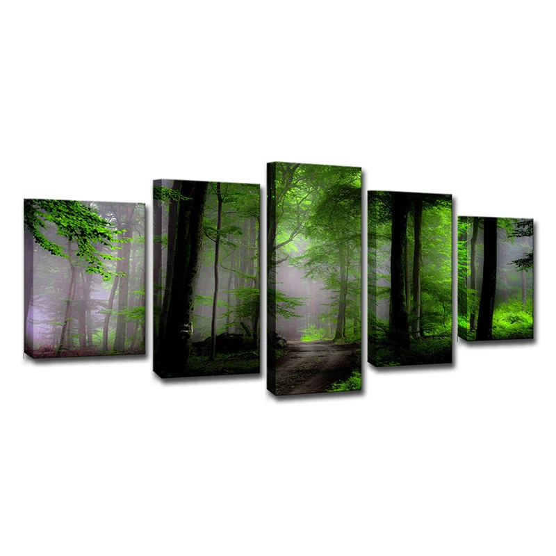 Decoración Premium para Exterior Arte de pared con vista al bosque del amanecer, impresión en lienzo de paisaje sin aditiv...