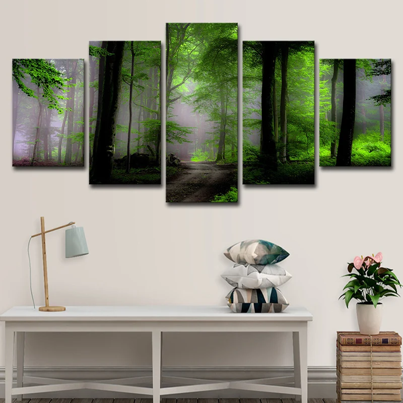 Decoración Premium para Exterior Arte de pared con vista al bosque del amanecer, impresión en lienzo de paisaje sin aditiv...