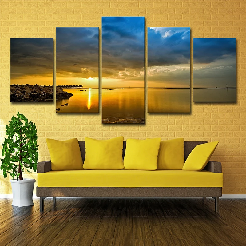 Decoración Premium para Exterior Impresión en lienzo actual Río Amarillo con orilla de roca al atardecer, arte de pared co...