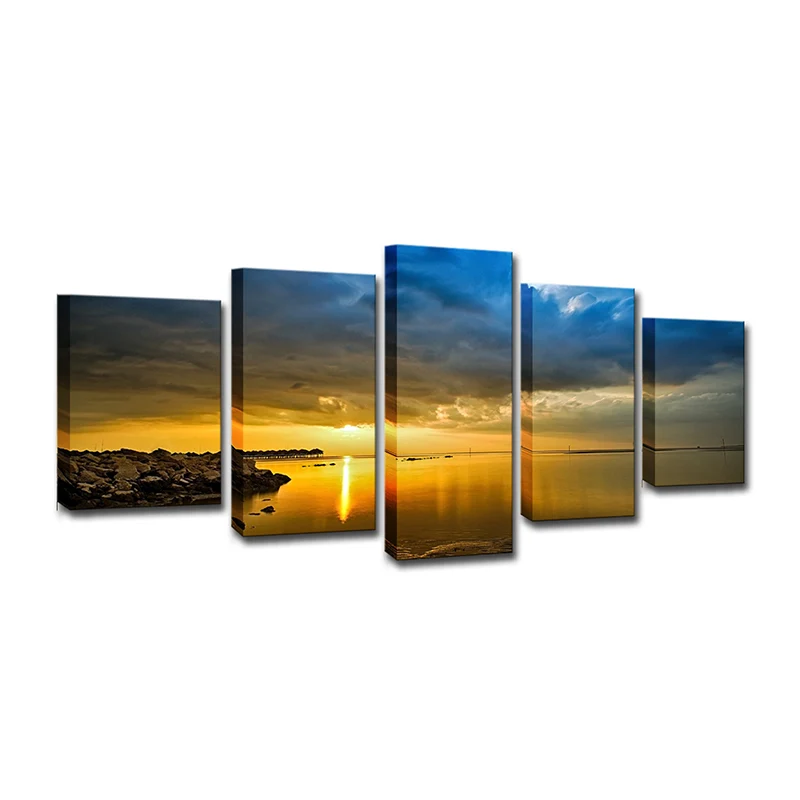 Decoración Premium para Exterior Impresión en lienzo actual Río Amarillo con orilla de roca al atardecer, arte de pared co...