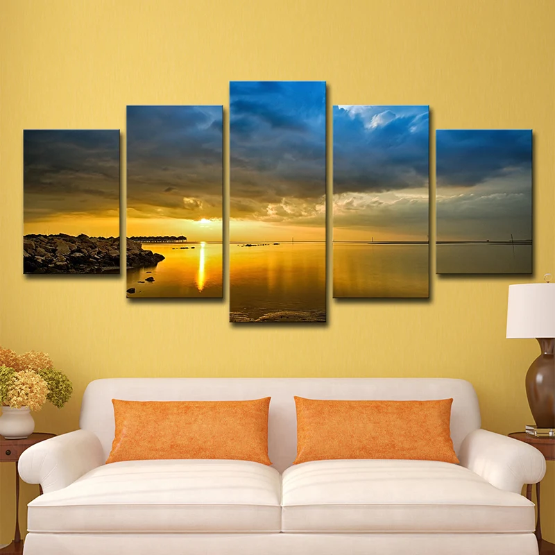 Decoración Premium para Exterior Impresión en lienzo actual Río Amarillo con orilla de roca al atardecer, arte de pared co...