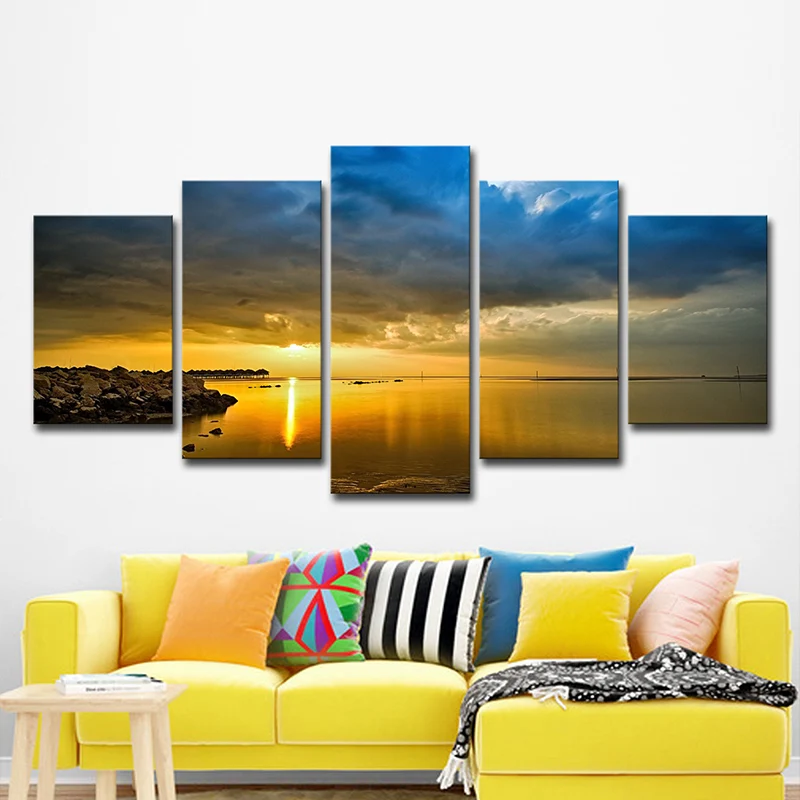 Decoración Premium para Exterior Impresión en lienzo actual Río Amarillo con orilla de roca al atardecer, arte de pared co...
