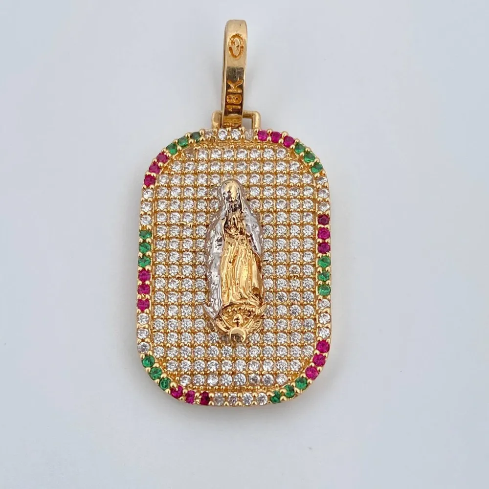 Dije Placa Virgen Guadalupe 5.3gr / 3.4cm / Circones Verdes Blancos Fucsias Oro Amarillo 18K $ con Diseño de Naturaleza
