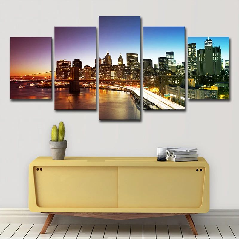 Impresión en lienzo del puente de Manhattan Nightfall, arte de pared de paisaje urbano encantador de inspiración global en...