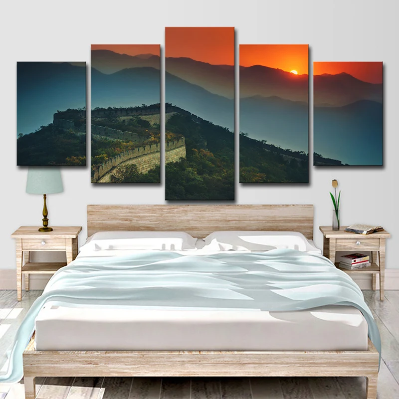 Impresión en lienzo de inspiración global, verde negro, la Gran Muralla, vista al atardecer, arte de pared Verde